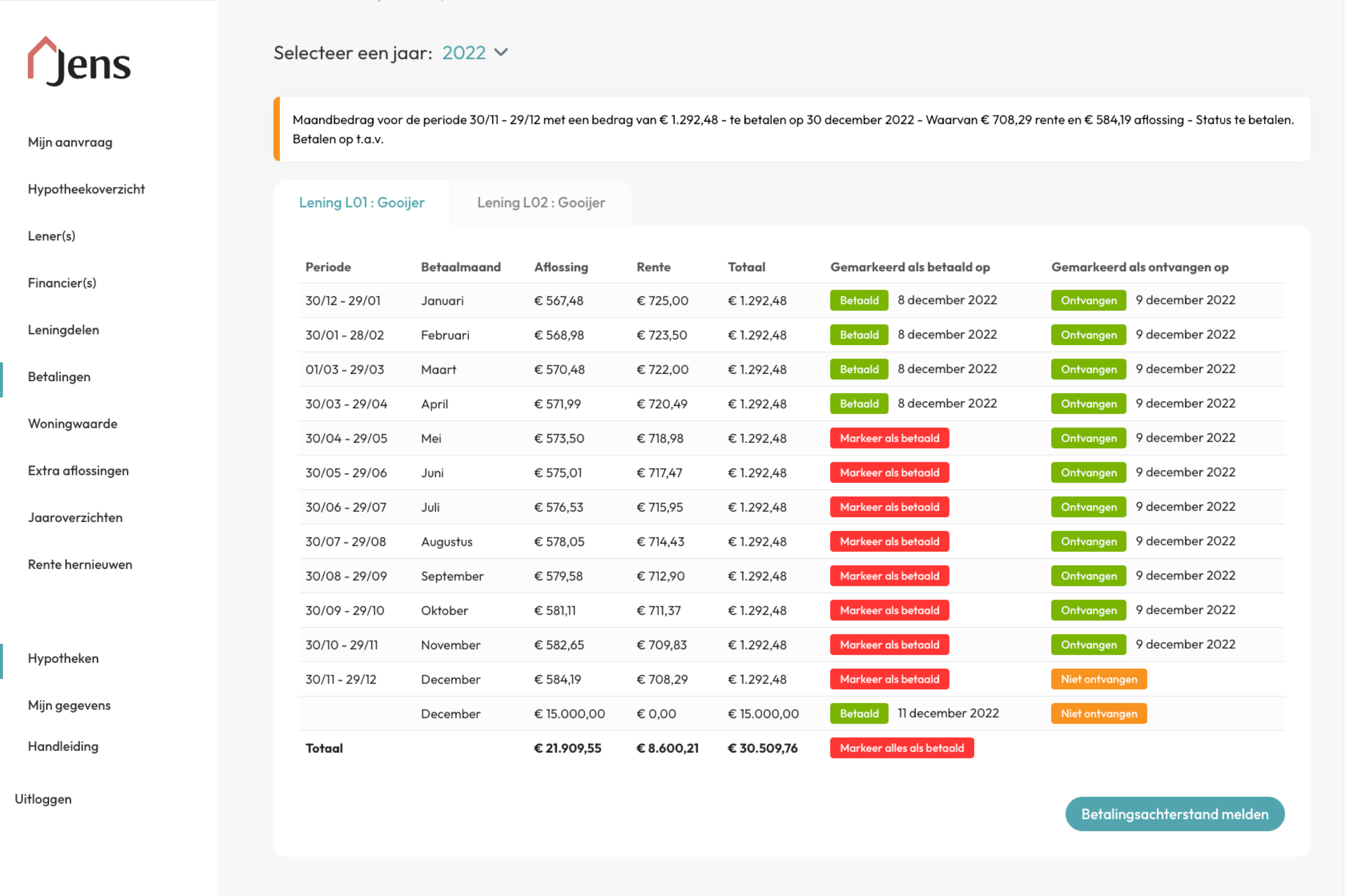 Jens Dashboard Tab Betalingen Afbeelding van het tabblad betalingen in Jens Dashboard