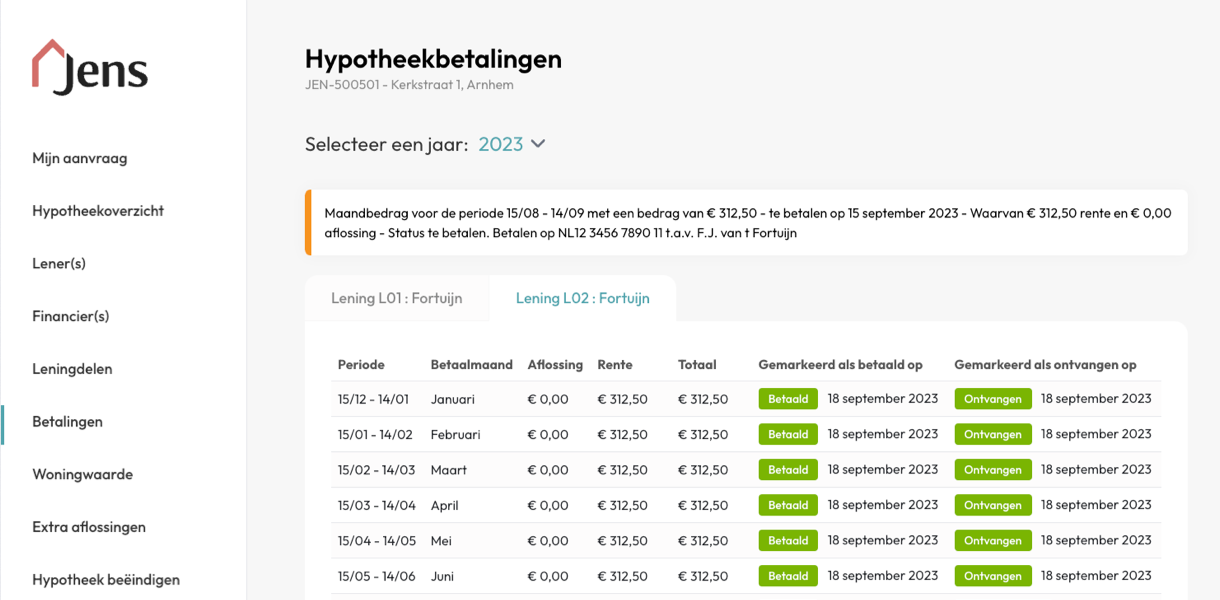 Jens Dashboard sliders mobiel Afbeelding van het tabblad betalingen in Jens Dashboard