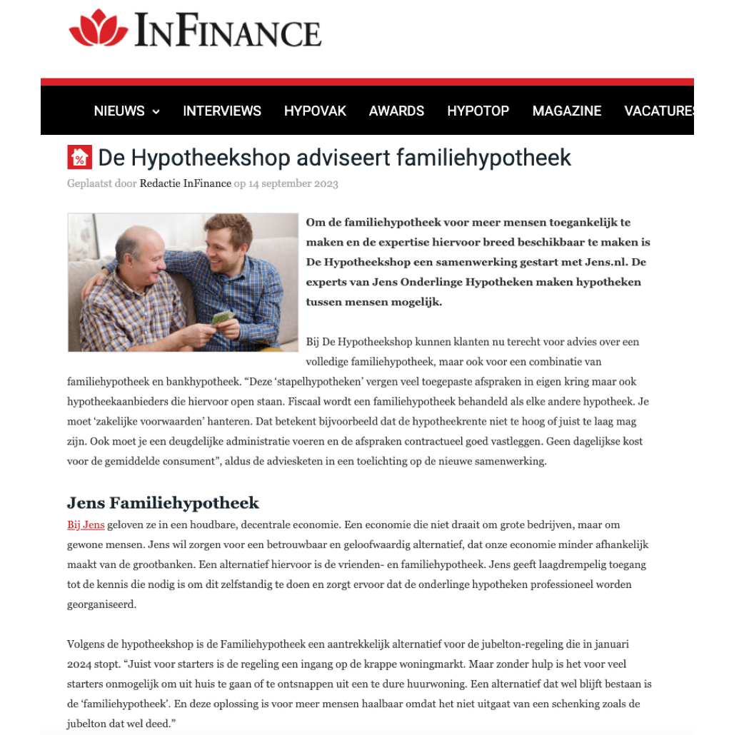 Jens op InFinance artikel familiehypotheek 14-09-2023 Jens op Investeerders.nl